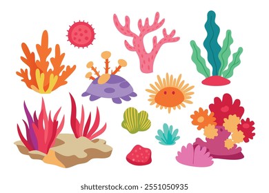 Conjunto de arrecifes de coral Ilustración vectorial plana aislada sobre fondo blanco