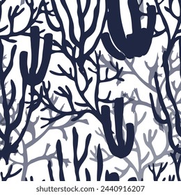 Coral reefs Vector seamless Pattern. Background with seaweed and algae for ornament in nautical style. Underwater backdrop or seabed for textile design or paper. Drawing with silhouettes.