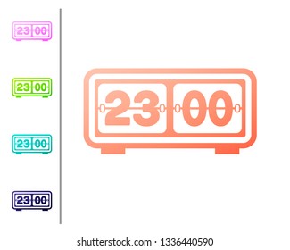 Coral Retro flip clock icon isolated on white background. Wall flap clock, number counter template, all digits with flips. Set icon in color buttons. Vector Illustration
