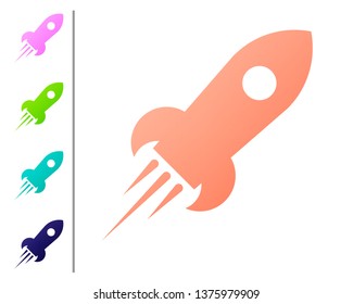 Coral Rocket ship with fire icon isolated on white background. Space travel. Set color icons. Vector Illustration
