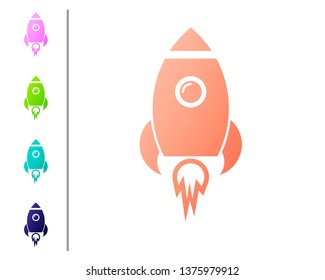 Coral Rocket ship with fire icon isolated on white background. Space travel. Set color icons. Vector Illustration
