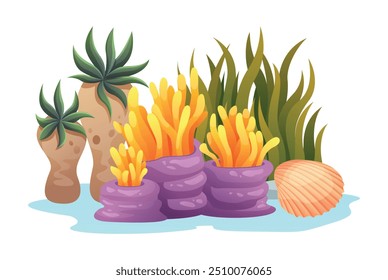Coral com rochas e algas, habitat subaquático. Ilustração de desenho animado vetorial