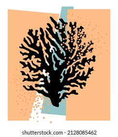 Coral y arena. Composición abstracta con silueta negra de coral, formas geométricas y arena naranja. Ilustración vectorial aislada en blanco, para postales, folletos de empresas de viajes.