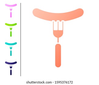 Coral Sausage on the fork icon isolated on white background. Grilled sausage and aroma sign. Set color icons. Vector Illustration