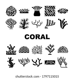 Coral Sea Aquatic Reef Collection Icons Set Vector. Natural Marine Water Coral Flora, Ocean Underwater Nature Plant Seaweed Algae Glyph Pictograms Black Illustrations