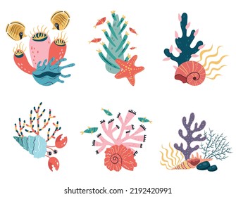 Coral sea plant seaweed ocean tropical nature doodle line art style isolated set collection. Vector isolated graphic design illustration