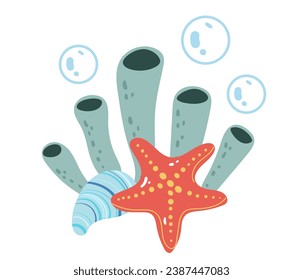 Coral sea plant seaweed ocean tropical nature doodle line art style isolated set collection. Vector isolated graphic design illustration