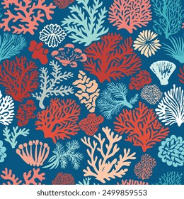 Coral in the Sea Seamless for decorating all fashion designs, fabrics, wallpapers and prints on dark blue backgrounds.