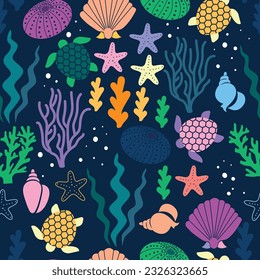 Coral sea seamless pattern. Colorful  corals, seashells, star fishes and turtles wallpaper. 