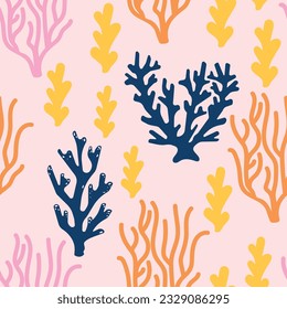 Coral sea seamless pattern. Colorful corals on pink background.