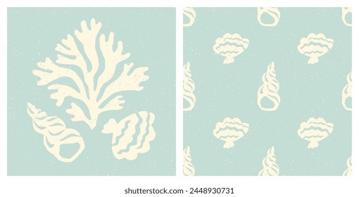 Coral and sea shells print and textured seamless pattern. Underwater sea life, sea shells, coral reef pastel blue speckled vintage summer holiday coastal print and background.