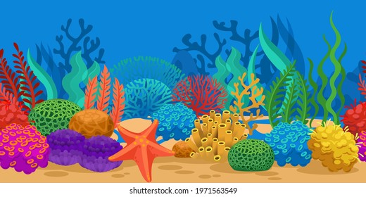 Coral seamless border. Ocean reef seaweeds, oceanarium seabed. Sea sponge starfish on sand bottom vector horizontal undersea texture, seascape. Colorful algae deep underwater, aquatic system