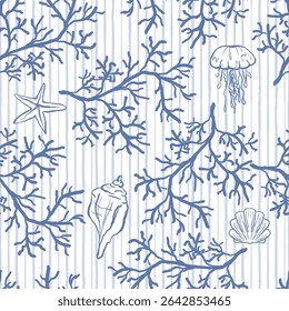 Coral fundo padrão sem costura em estilo moderno em cores azul e branco. Algas orgânicas listradas no fundo. Design vetorial para têxteis, papel de embrulho, cartões comemorativos