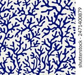 Coral seamless pattern background in vintage style in blue colors. Matisse-inspired modern abstract organic algae background. Vector design for textile, wrapping paper, greeting cards.