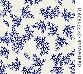 Coral seamless pattern background in vintage style in blue colors. Matisse-inspired modern abstract organic algae background. Vector design for textile, wrapping paper, greeting cards.