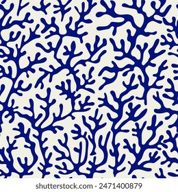 Coral seamless pattern background in vintage style in blue colors. Matisse-inspired modern abstract organic algae background. Vector design for textile, wrapping paper, greeting cards.