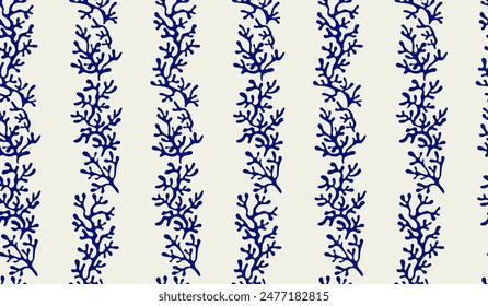 Coral seamless pattern background in vintage style in blue colors. Matisse-inspired modern abstract organic algae background. Vector design for textile, wrapping paper, greeting cards.