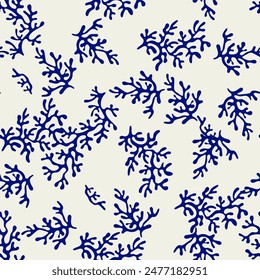 Coral seamless pattern background in vintage style in blue colors. Matisse-inspired modern abstract organic algae background. Vector design for textile, wrapping paper, greeting cards.