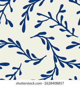 Coral seamless pattern background in vintage style in blue colors. Matisse-inspired modern abstract organic algae background. Vector design for textile, wrapping paper, greeting cards.