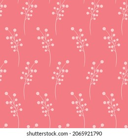 Coral seamless pattern with botanical twigs, vector illustration. Branches background with berries. Template for wallpaper, packaging and fabric.