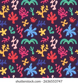 Coral Seamless Pattern. Brightly colored pattern with coral, seaweed, doodles and spots. Vector print pattern