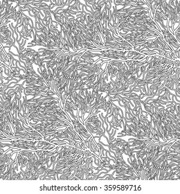 Coral seamless  pattern drawn in line art style. Ocean plants in black and white colors. Coloring book page design for adults and kids