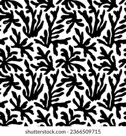 Coral seamless pattern in Matisse style. Algae leaves silhouettes. Organic floral elements. Contemporary organic plant shapes in naive style. Brush drawn botanical texture. Underwater plants motif.