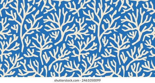 Patrón sin fisuras de coral sobre fondo azul en estilo vintage. Fondo de algas orgánicas abstractas modernas inspiradas en Matisse. Diseño de Vector para textiles, papel de embalaje, tarjetas de felicitación.