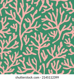 Coral seamless pattern on green background in vintage style. Matisse-inspired modern abstract organic algae background. Vector design for textile, wrapping paper, greeting cards.