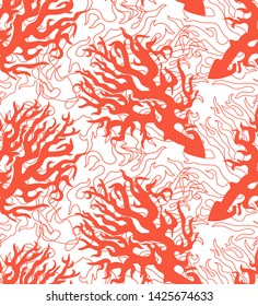 Coral Seamless Pattern on white background. Color cheerful summer pattern for textiles, pillow & interior decoration, web page background, wrapping paper, cosmetics, food & drink package decoration. 