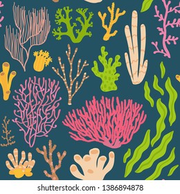 Coral seamless pattern. Sea plants on a blue background. Vector illustration in flat style