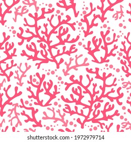 Coral seamless pattern. Sea reef seaweeds texture, abstract ocean floral underwater graphics, vector fashion wallpaper and fabric decoration. Pink plants with bright bubbles design