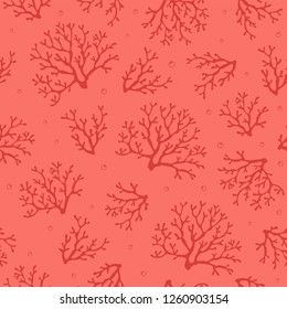 Coral seamless pattern.Tropical reef. Corals on pink background with air bubbles. Vector seamless design for fabric, wallpaper, home textile, packaging and paper for art and craft. Marine collection.