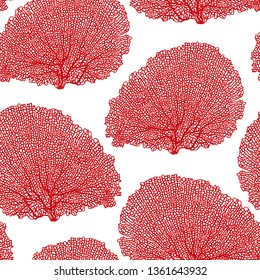 Coral Seamless Vector Pattern. Bright summer illustration for textiles, pillow, clothing, interior decoration, web page background, wrapping paper, cosmetics. Red and white colors