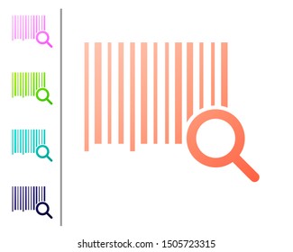 Coral Search barcode icon isolated on white background. Magnifying glass searching barcode. Barcode label sticker. Research barcode. Set color icons. Vector Illustration