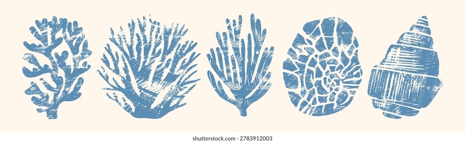 Coral and seashell vector set — five rustic woodcut silhouettes of coral, ammonite and conch on cream, hand-drawn crayon coastal coral collection for seaside poster or label