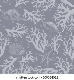 Coral, seashells seamless pattern in vintage style. Vector illustration 