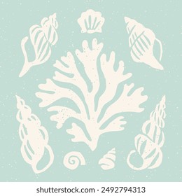 Coral and seashells square print. Seashells cutouts on pastel blue background textured block print. Vintage style summer holiday cut out collage elements set.