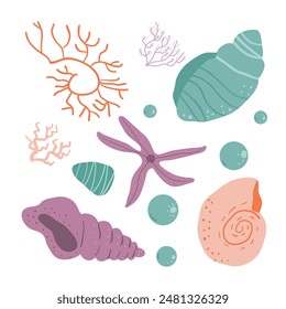 Coral, seashells, and a starfish in pastel colors, showcasing the delicate beauty of underwater ecosystems. Set of Vector hand drawn illustration.