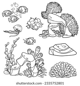 Coral, seaweed and anemones growing on rocks, jelyfish and fishes, sandstone set coloring book linear drawing isolated on white background