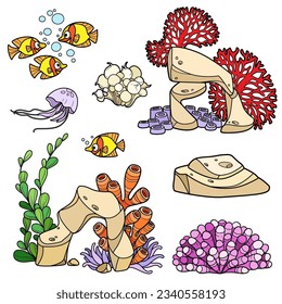 Coral, seaweed and anemones growing on rocks, jelyfish and fishes, sandstone set coloring book color drawing isolated on white background