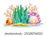 Coral, seaweed, and an open seashell with pearl, underwater life composition. Vector cartoon illustration