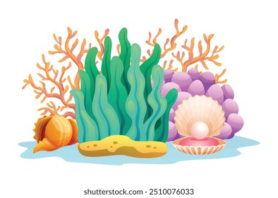 Coral, algas e uma concha aberta com pérola, composição de vida subaquática. Ilustração de desenho animado vetorial