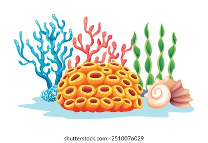 Coral with seaweed, plants, and seashells in an underwater scene. Vector cartoon illustration