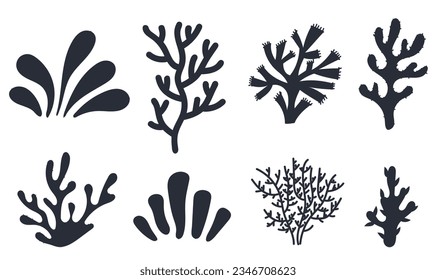 Coral seaweed sea plant black silhouette abstract isolated set. Vector graphic design illustration	