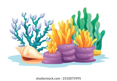 Coral with seaweed and seashell, marine life illustration. Vector cartoon illustration