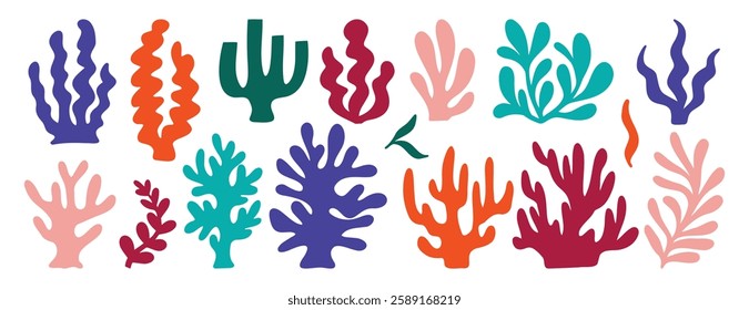 coral seaweed shape aesthetic element set. abstract cartoon underwater plant collection. Vector illustration
