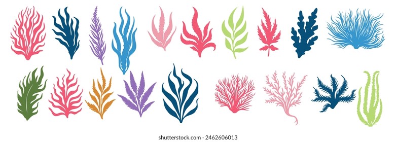 Coral. Algas. Bajo las plantas del mar. Vida oceánica. Aislado sobre fondo blanco Ilustración vectorial EPS 10