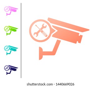 Coral Security camera with screwdriver and wrench icon isolated on white background. Adjusting, service, setting, maintenance, repair, fixing. Set color icons. Vector Illustration