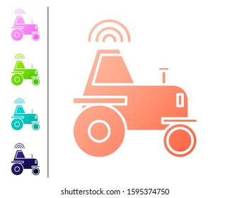 Coral Self driving wireless tractor on a smart farm icon isolated on white background. Smart agriculture implement element. Set color icons. Vector Illustration